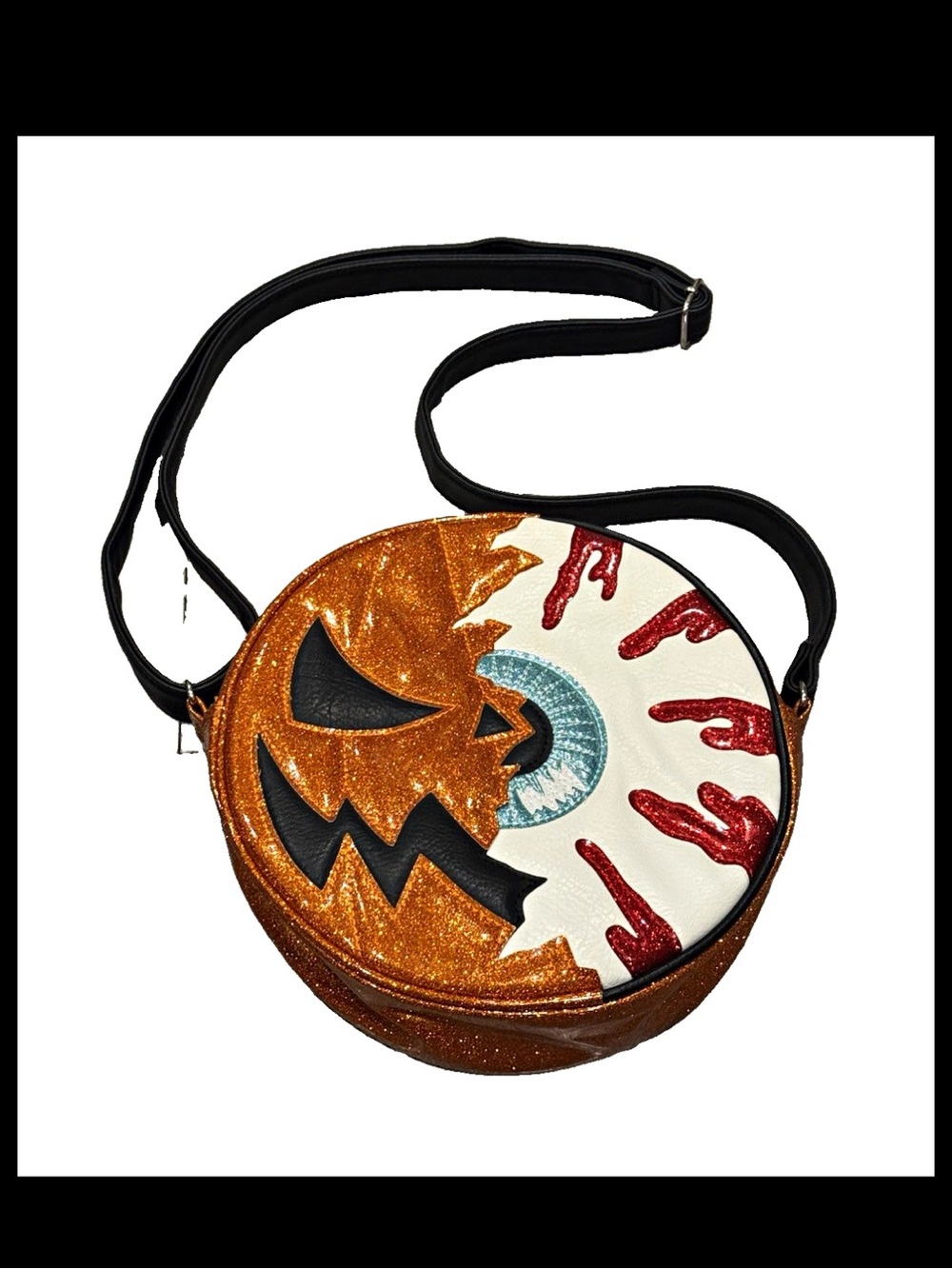 Pumpkin Kult Halloween Round Crossbody Bag Glitter Jack-o'-Lantern Zip Strap